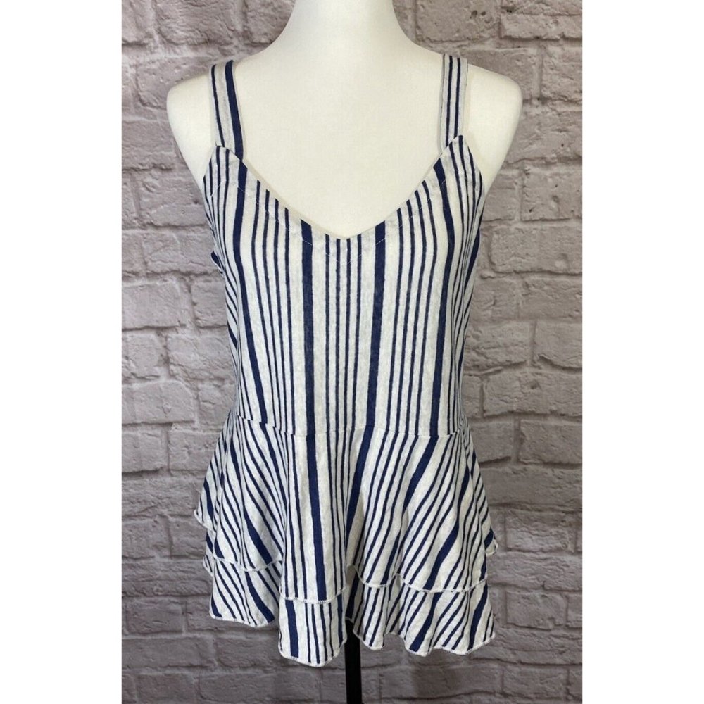 Chaser L Blue Striped Linen Ruffle V-Neck Tank Top Blouse Spaghetti‎ Strap 9077